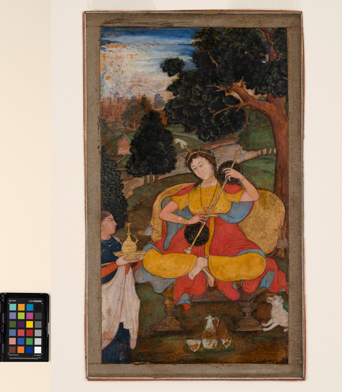 A seated woman plays the vina, waited upon by a servant, c.1590 by School Mughal