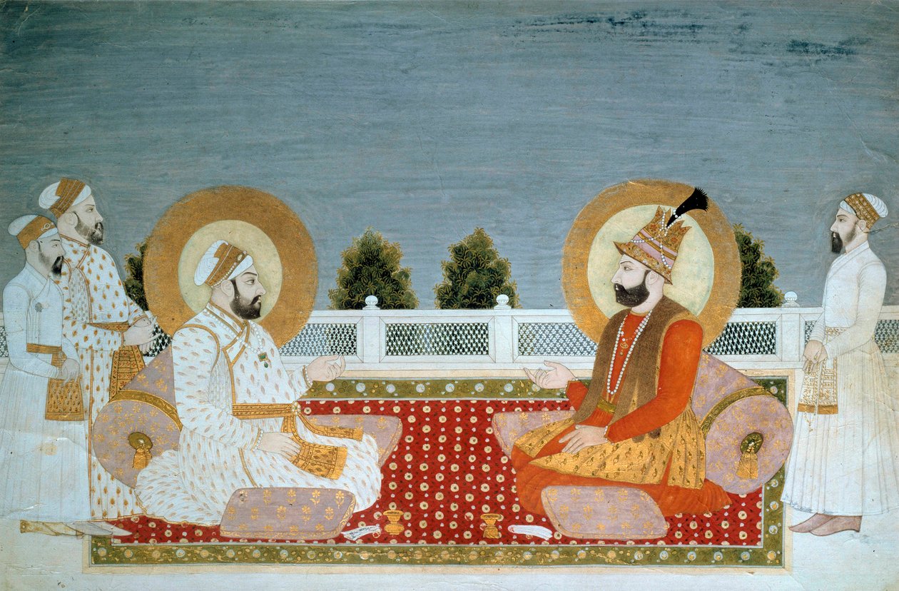 Indian Art: Representation of Mohammed Shah (1702-1748) Indian Emperor and Nadir Shah (1688-1747), Shah of Iran. Miniature of the Mughal School. Paris, Musee Guimet, Musee national des Arts Asiatiques by School Mughal