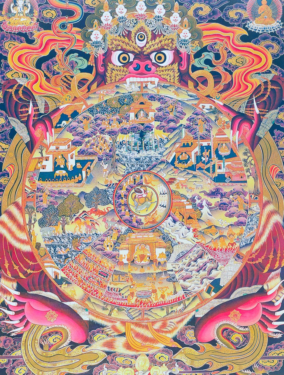Wheel of life depicting the Kalachakra or deluded existence held in the mouth of Yama, the god of death representing birth, death and rebirth by School Nepalese
