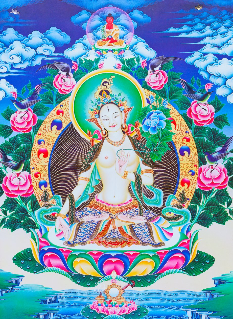 Image Depicting the White Tara, the Seven Eyed Divine Mother Seated on a Lotus with Her Right Hand in Varada Mudra Position Symbolising Generosity by School Nepalese