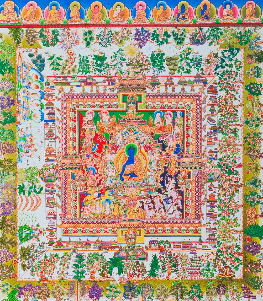 Medicine Buddha Mandala, the centre figure of Bhaisajyaguru represents the supreme healer in monastic robes with a bowl containing medicinal plants by School Nepalese