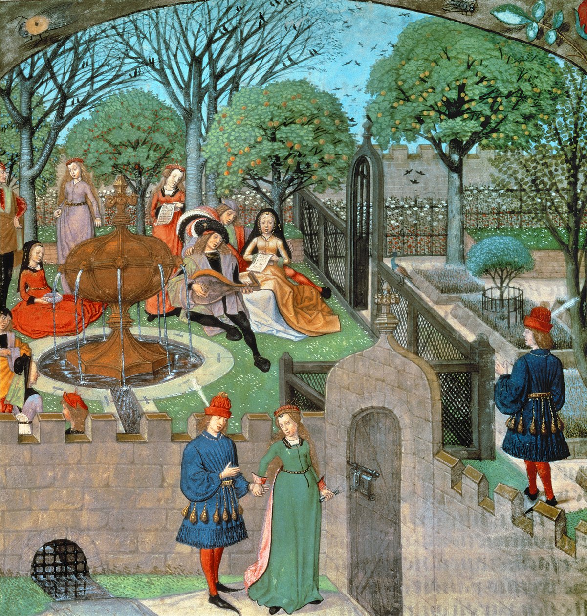 Garden scene, the lover and dame Oyseuse (Idleness) outside the garden walls, from the 