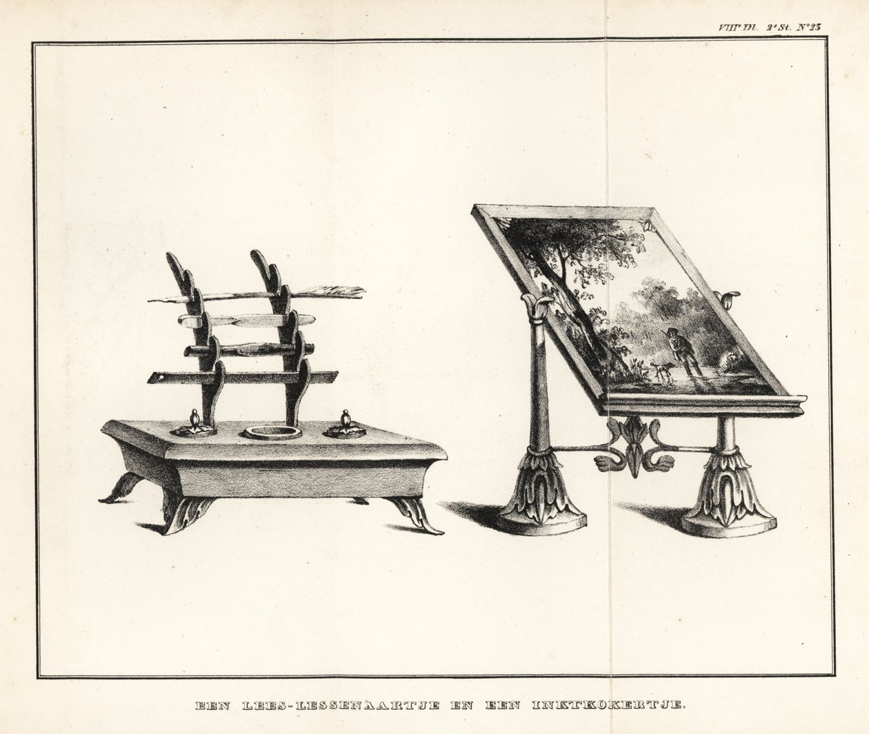Reading Lectern with Landscape and Ink Stand with Inkwell and Quill Pens by School Netherlandish