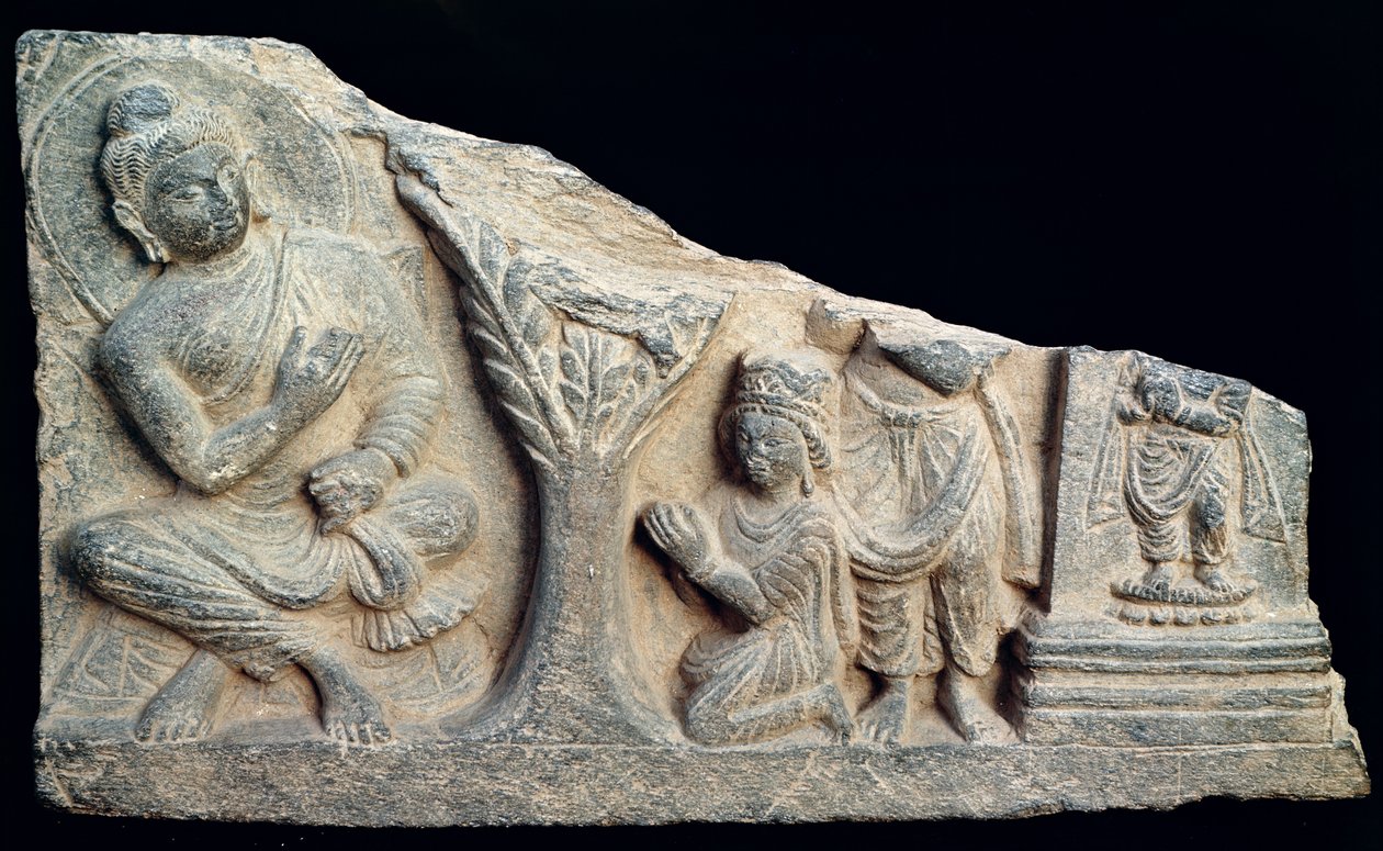 Detail of a relief frieze depicting a seated Buddha with orants, Greco-Buddhist style, from Taxila, Pakistan by School Pakistani