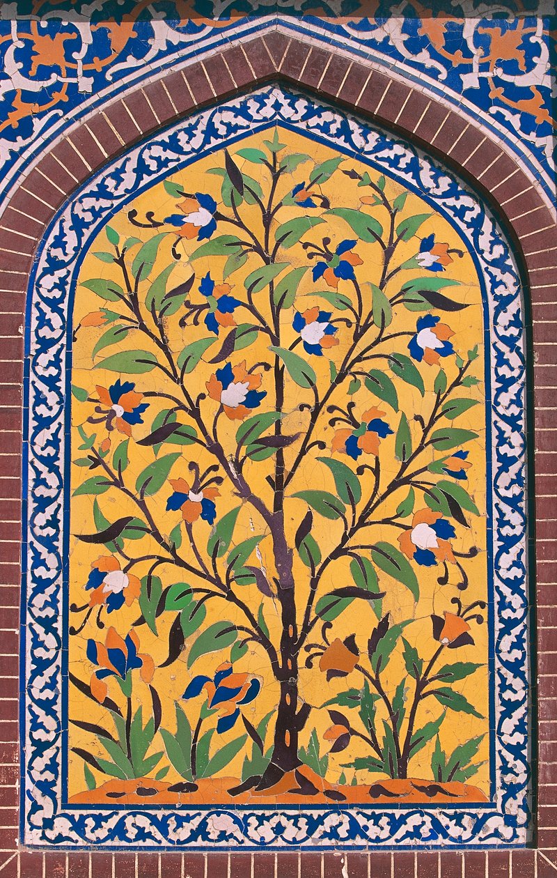 Flowering tree, Majolica decoration, Wazir Khan Mosque, Lahore, Punjab, Pakistan by School Pakistani