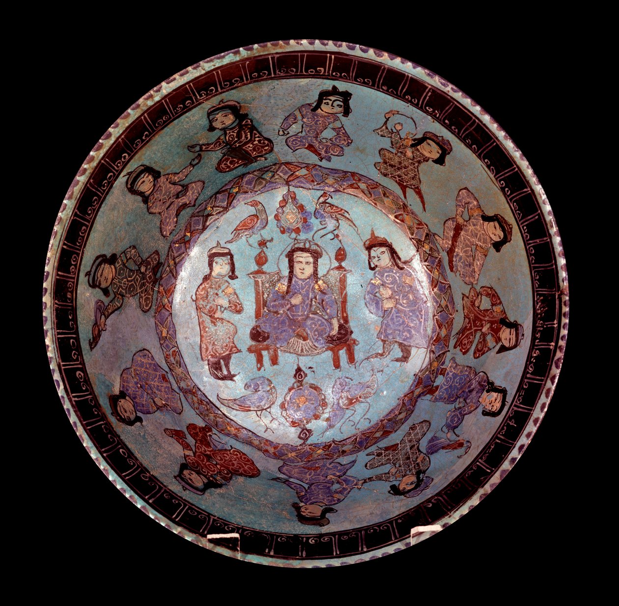 Polychrome Conical Bowl on a Blue Background Depicting a Prince Sitting on His Throne Between Two Pages by School Persian