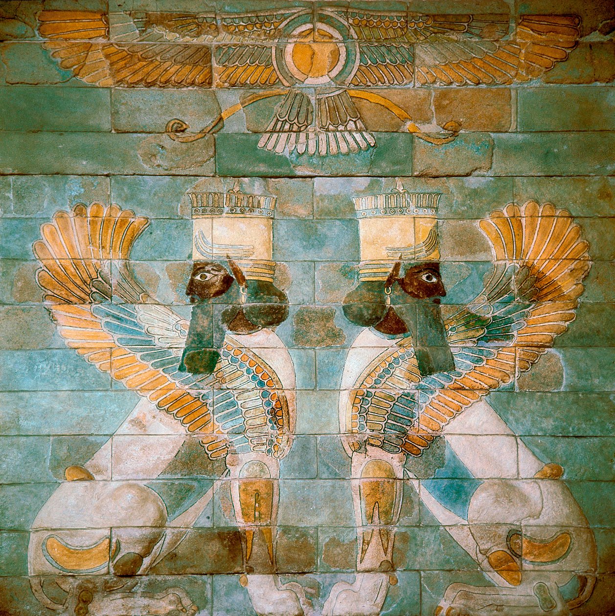 Persian Art Rouenid: Two Androcephalous Sphinxes (or Lions) Under Ahura Mazda, Deity of Zoroastrianism. From Susa, Iran by School Persian