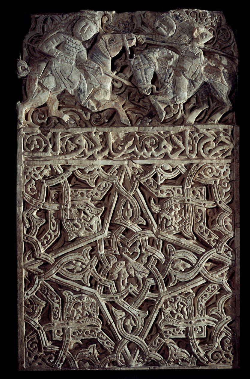 Persian art: stucco panel decorates arabesques and two riders fighting by School Persian