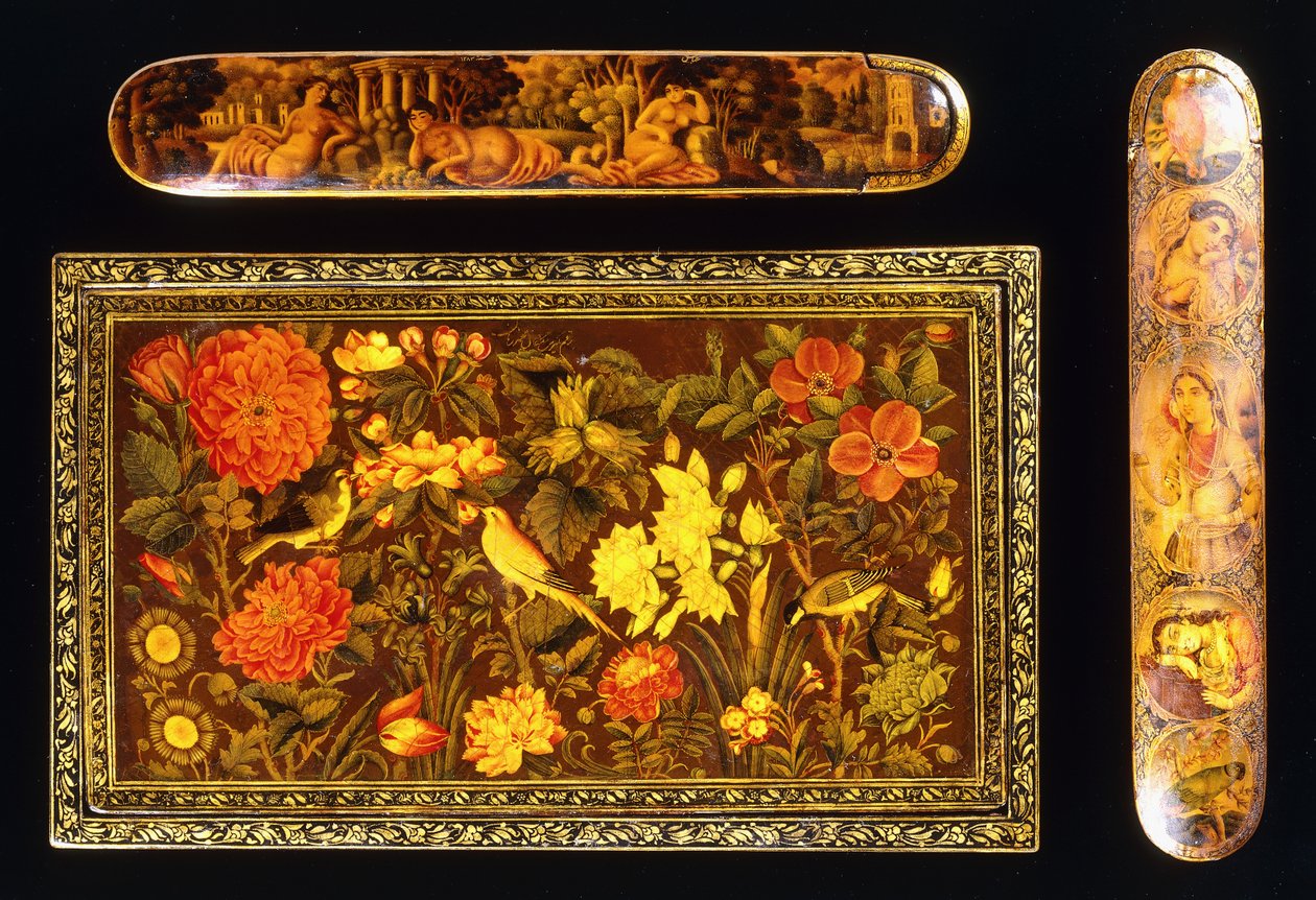 Two Qajar lacquer papier mache qalamdans and a Zand mirror case by School Persian
