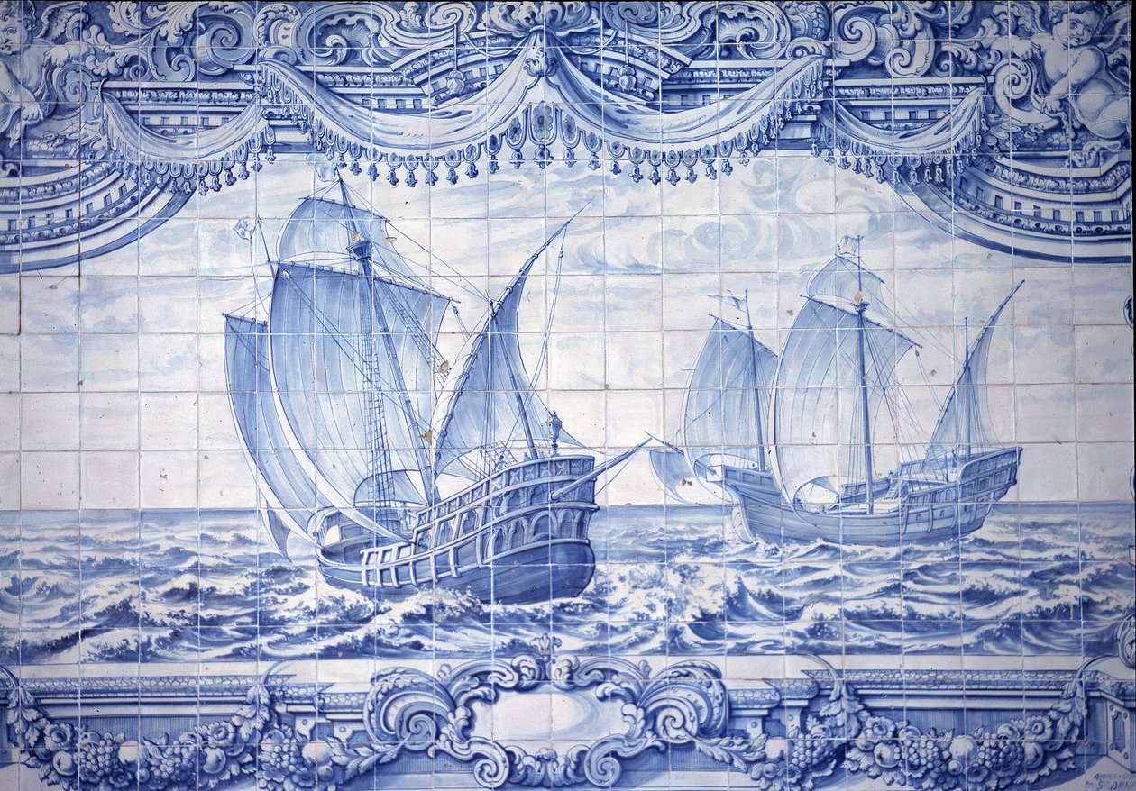Caravels in the 15th-17th century, azulejos, around Lisbon, Portugal by School Portuguese