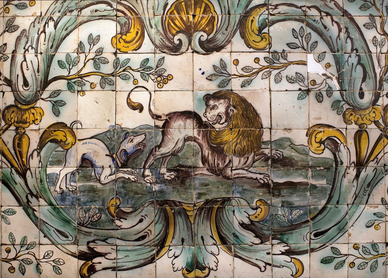 Dog threatening a lion (detail) by School Portuguese