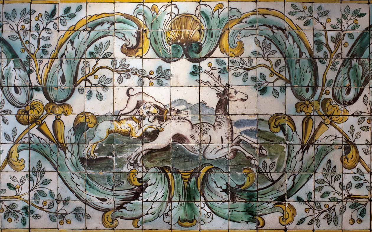Dogs hunting a deer (detail) by School Portuguese