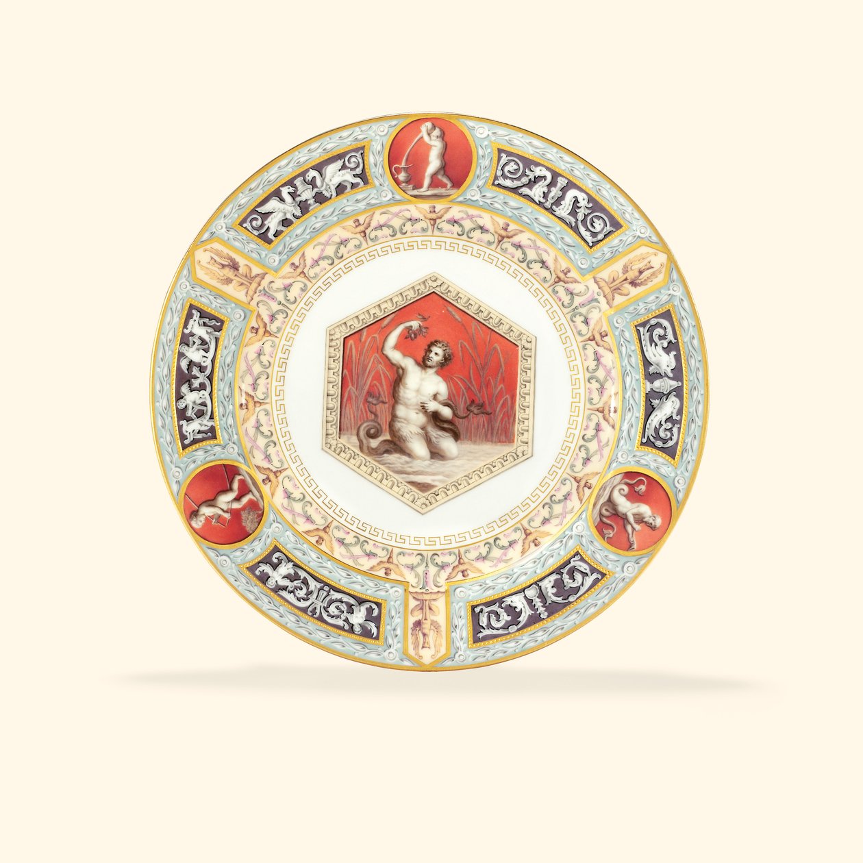 A porcelain dinner plate from the Raphael Service, the centre depicting Triton by School Russian