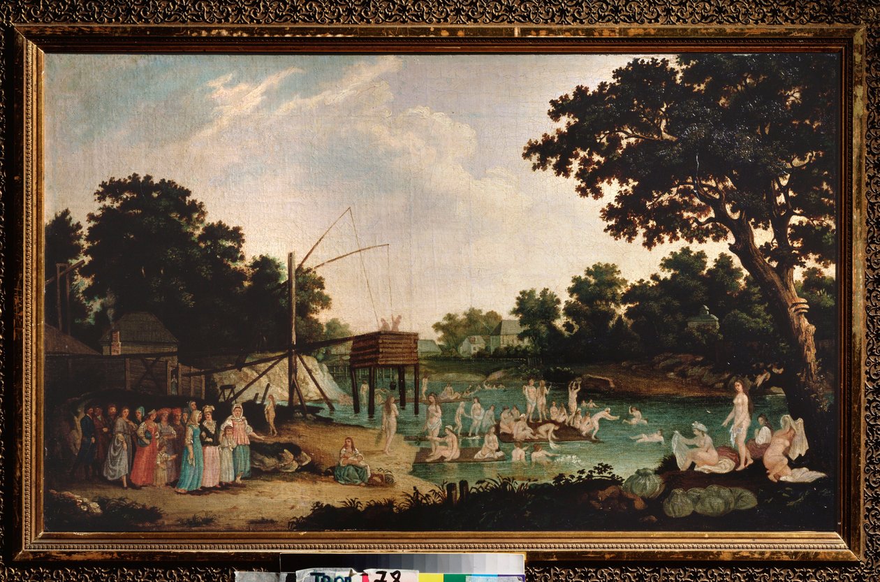 Thermalism: numerous naked women bathing near a traditional sauna building