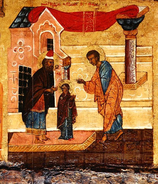 Icon depicting the Virgin being entrusted to the care of the widower Joseph, c.1550 (detail) by School Russian