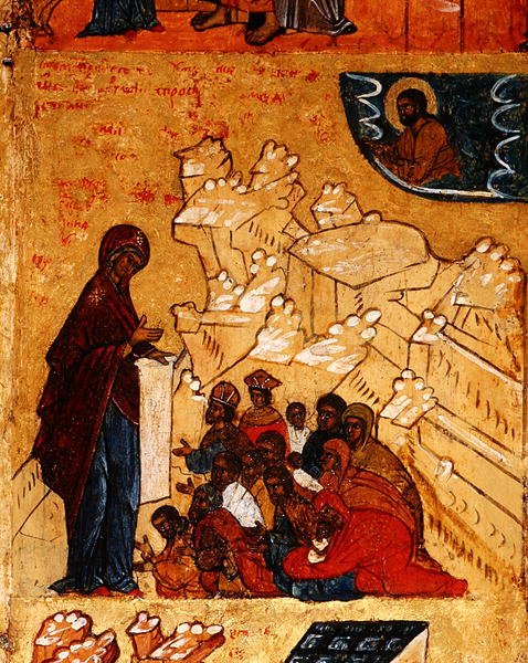Icon depicting the miraculous apparition of the Virgin to Prince Andrei Bogoliubski in 1155 (detail) by School Russian