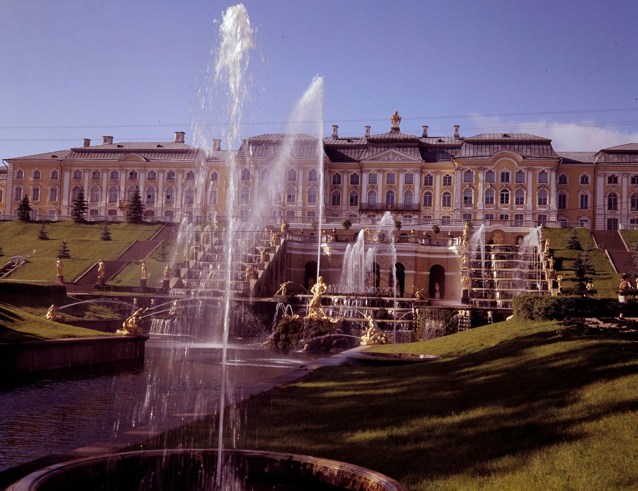 View of the large waterfall of the castle of Peterhof, realized under Peter the Great near Saint Petersburg, Russia by School Russian