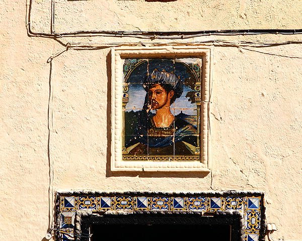 Ceramic tiles with the portrait of a man outside the House of the Moorish King by School Spanish