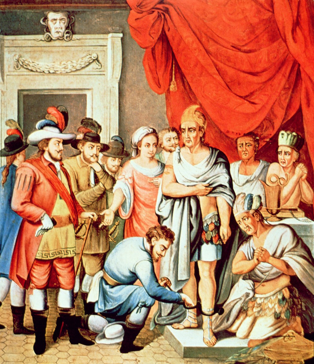 Hernan Cortes orders shackles to be put on the ankles of Montezuma by School Spanish