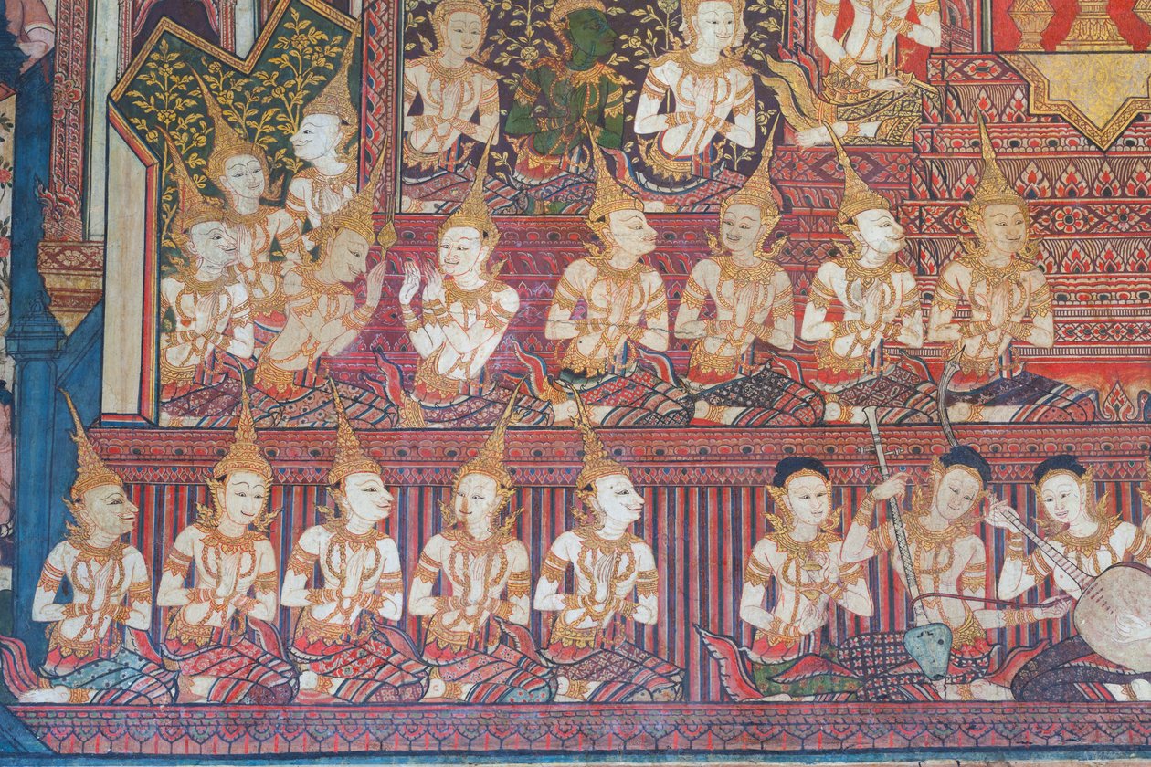Murals in the Buddhaisawan chapel depicting the celebrations of the royal wedding of the Bodhisattva