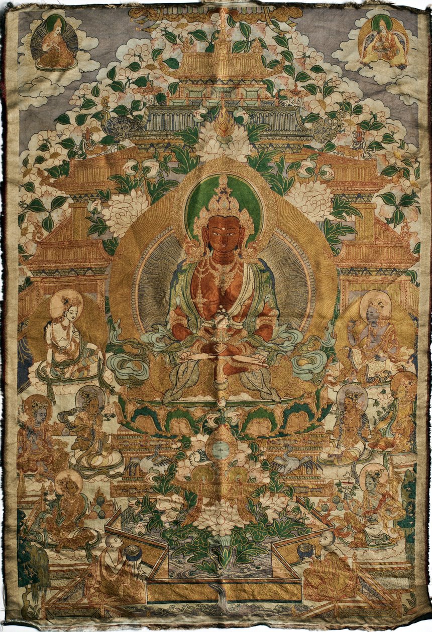 Amitabha (Buddha of the Pure Land) - Tibetan Painting, Pigments and Gold on Textile, End of 19th Century by School Tibetan