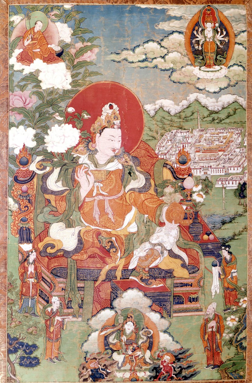 King of Tibet Sung-Tsen-Gampo from the 7th century. Tibetan Thai-ka, Musée Guimet, Paris by School Tibetan
