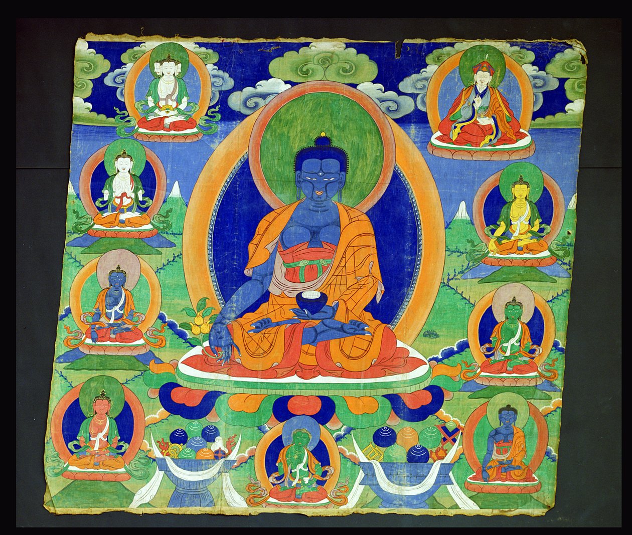 Thangka Painting Showing The Buddha of Medicine, Bhaishajyaguru (Menla) Tibetan by School Tibetan