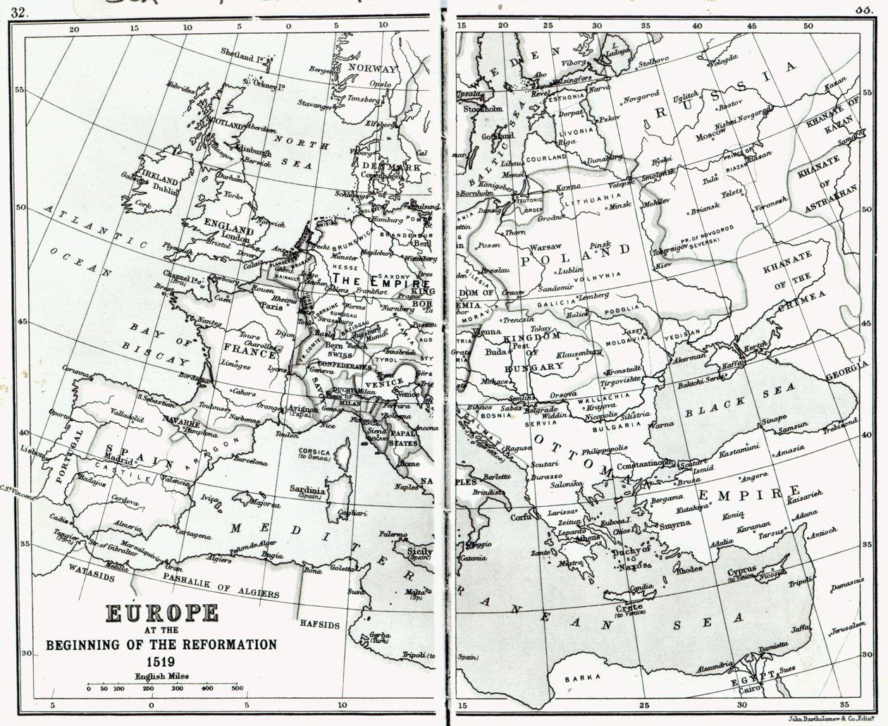 Europe in 1519, at the Start of the Reformation, pub. by John Bartholomew and Co., Edinburgh by Scottish School