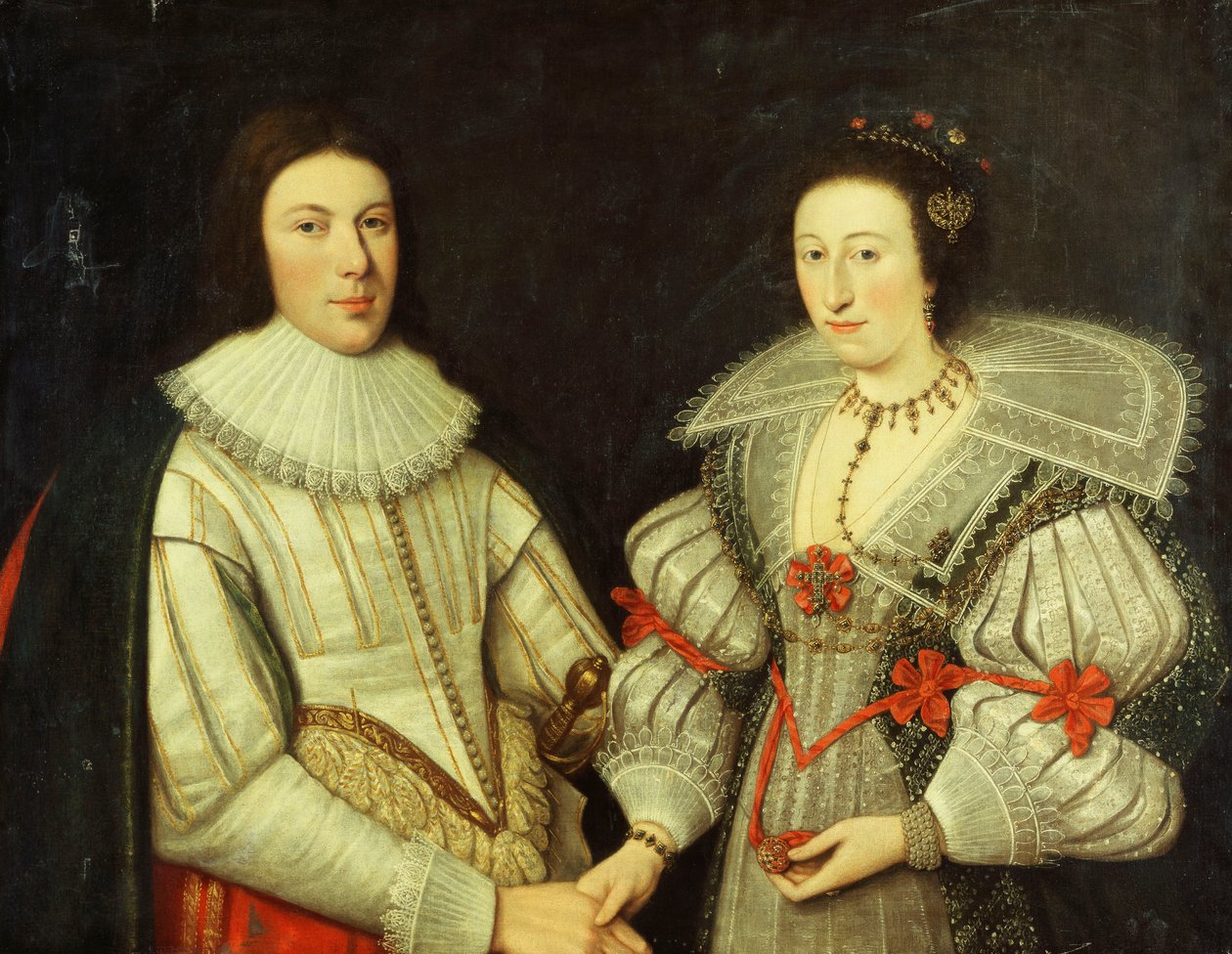 A Group Portrait of a Gentleman, Half-Length, in a White Doublet and Ruff, and His Wife, in a White and Green Dress, Fan Shaped Collar and Gold Necklace by Scottish School
