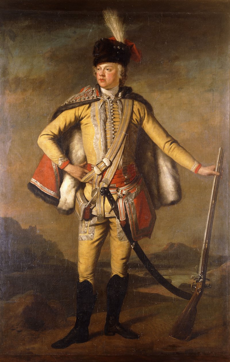 Portrait of John Lindsay, 20th Earl of Crawford and Lindsay, full length, in Hussar Uniform, holding a Flintlock Musket, a Landscape beyond by Scottish School