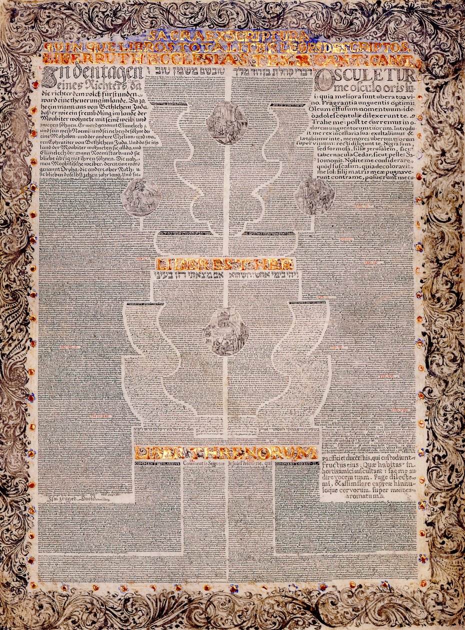 The Five Scrolls in Multilingual Micrography: Ruth, Song of Songs, Ecclesiastes, Esther, and Lamentations by Scribe and illuminator  Aaron Wolf Herlingen