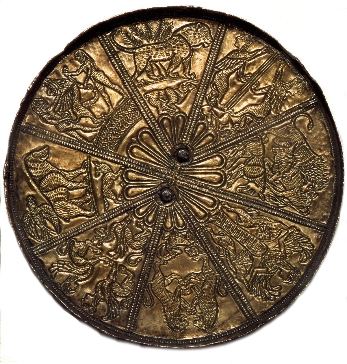 Scythian art: silver mirror covered in gold from the tumulus n°4 of Kelermes, Krasnodar region to Kuban in Russia (650-620), 7th century BC by Scythian