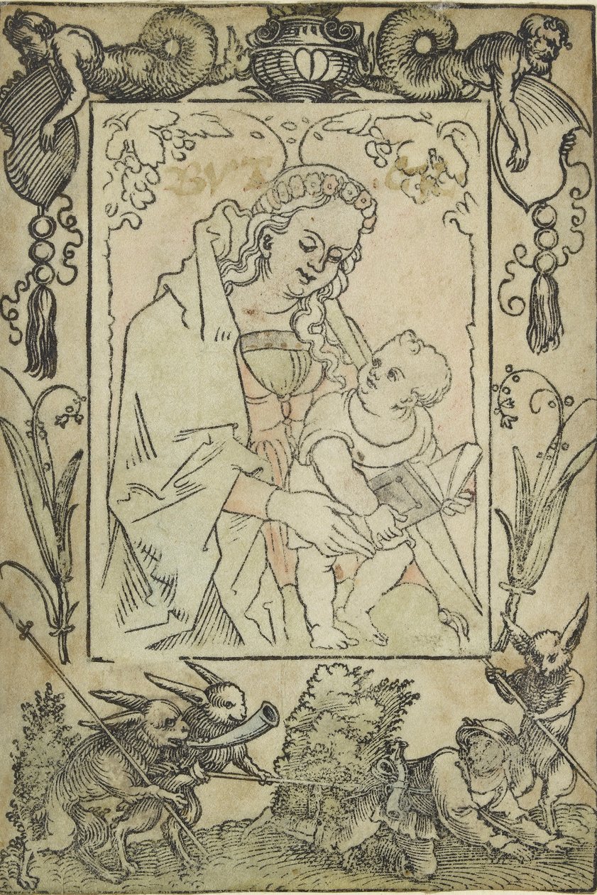 The Virgin and Child surrounded by a border with a hunter and some rabbits by Sebald Beham