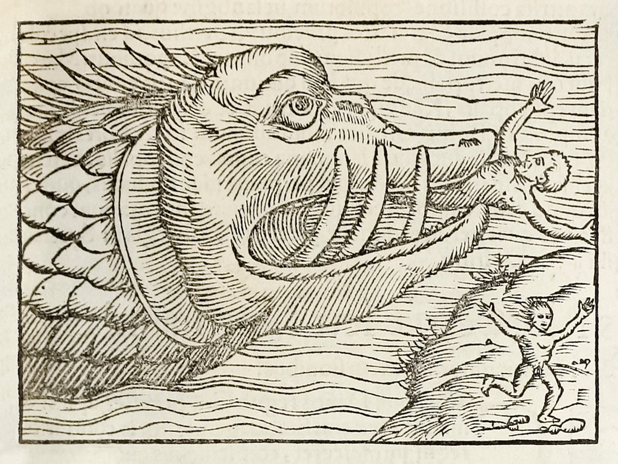 Monstrous whale devouring humans, from 1550 edition of Cosmographia by Sebastian Munster by Sebastian Munster