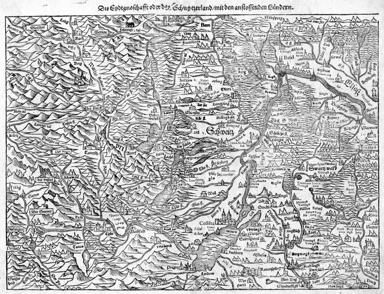 Old Map of Switzerland by Sebastian Münster, 1550 by Sebastian Munster