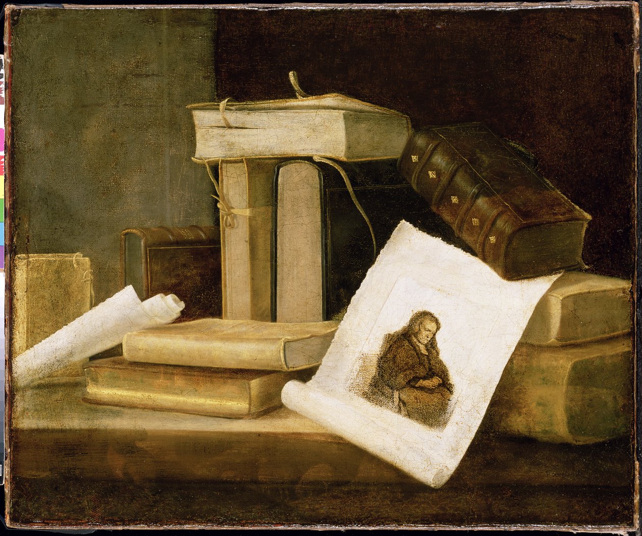Still Life of Books and a Rembrandt Engraving by Sebastian Stoskopff
