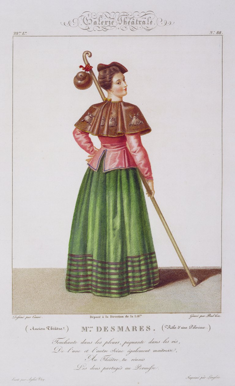 Mademoiselle Desmares in the role of a Pilgrim, plate 88 from Theatrical Gallery, engraved by Jean Prudhon, pub. 1812-34 by Sebastien after Coeure