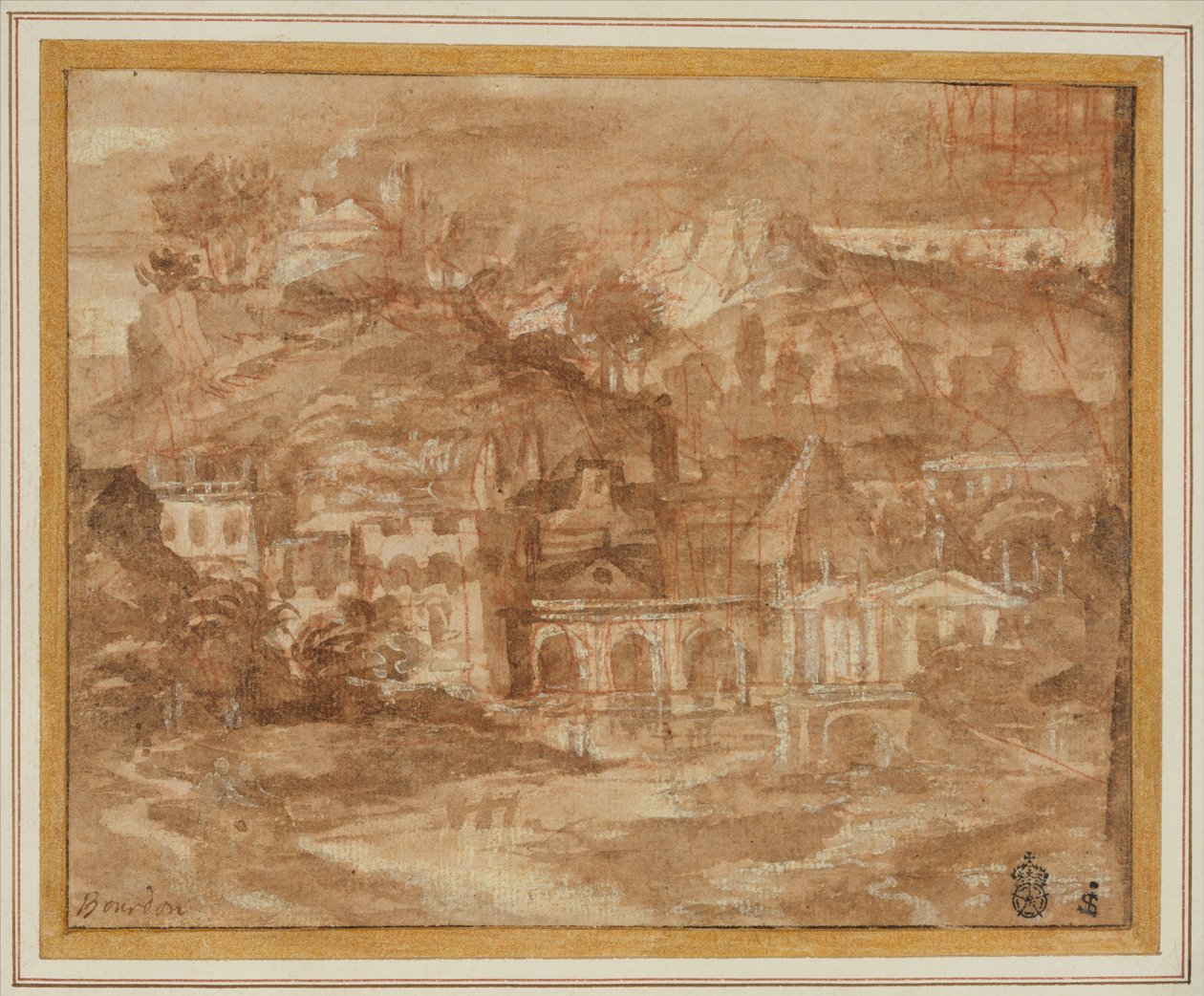A Classical Landscape with Buildings by a River by Sébastien Bourdon