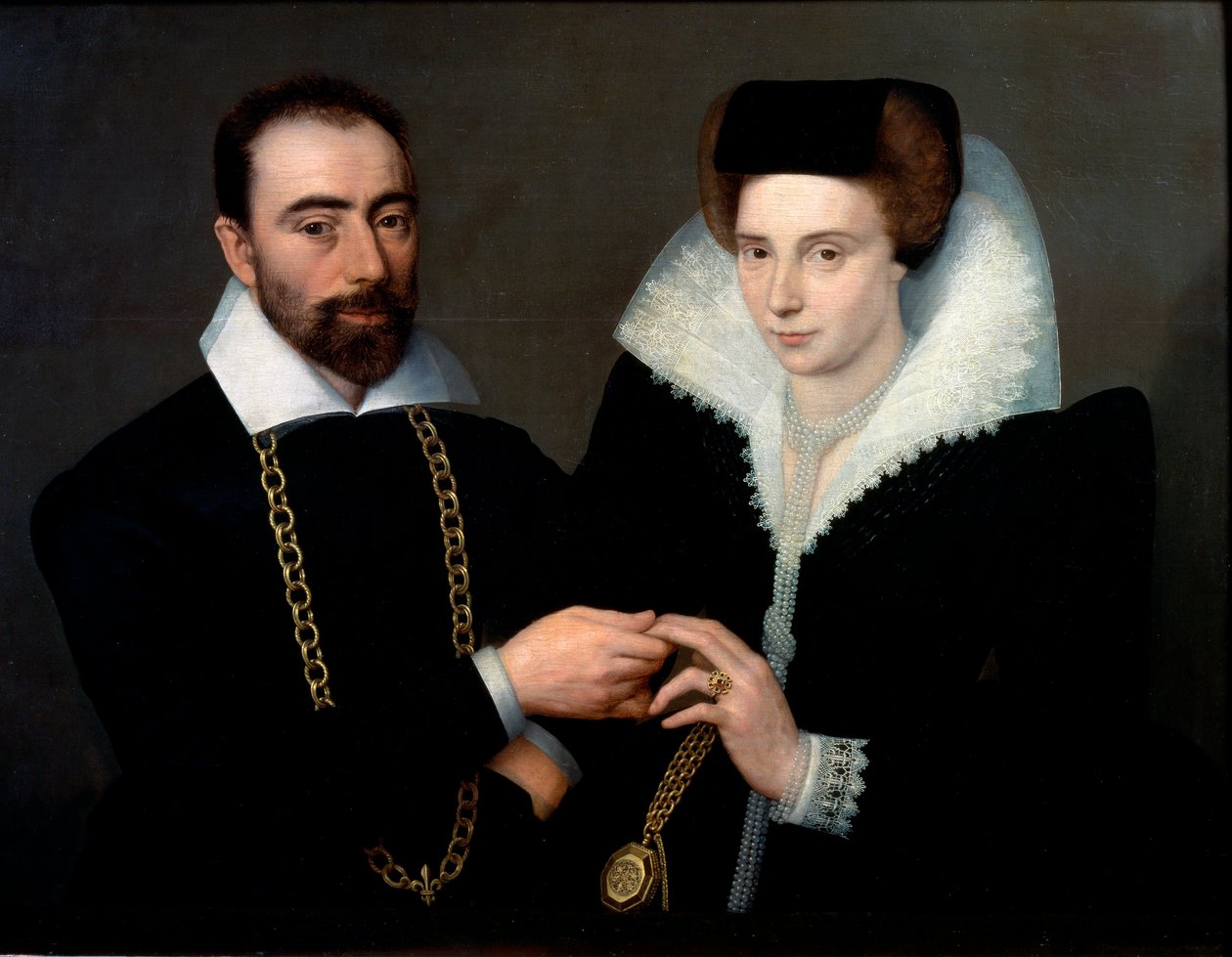Portrait of a Couple. Both are wearing black, the woman wears a guipure collar. Painting of the school of Fontainebleau by Second School of Fontainebleau