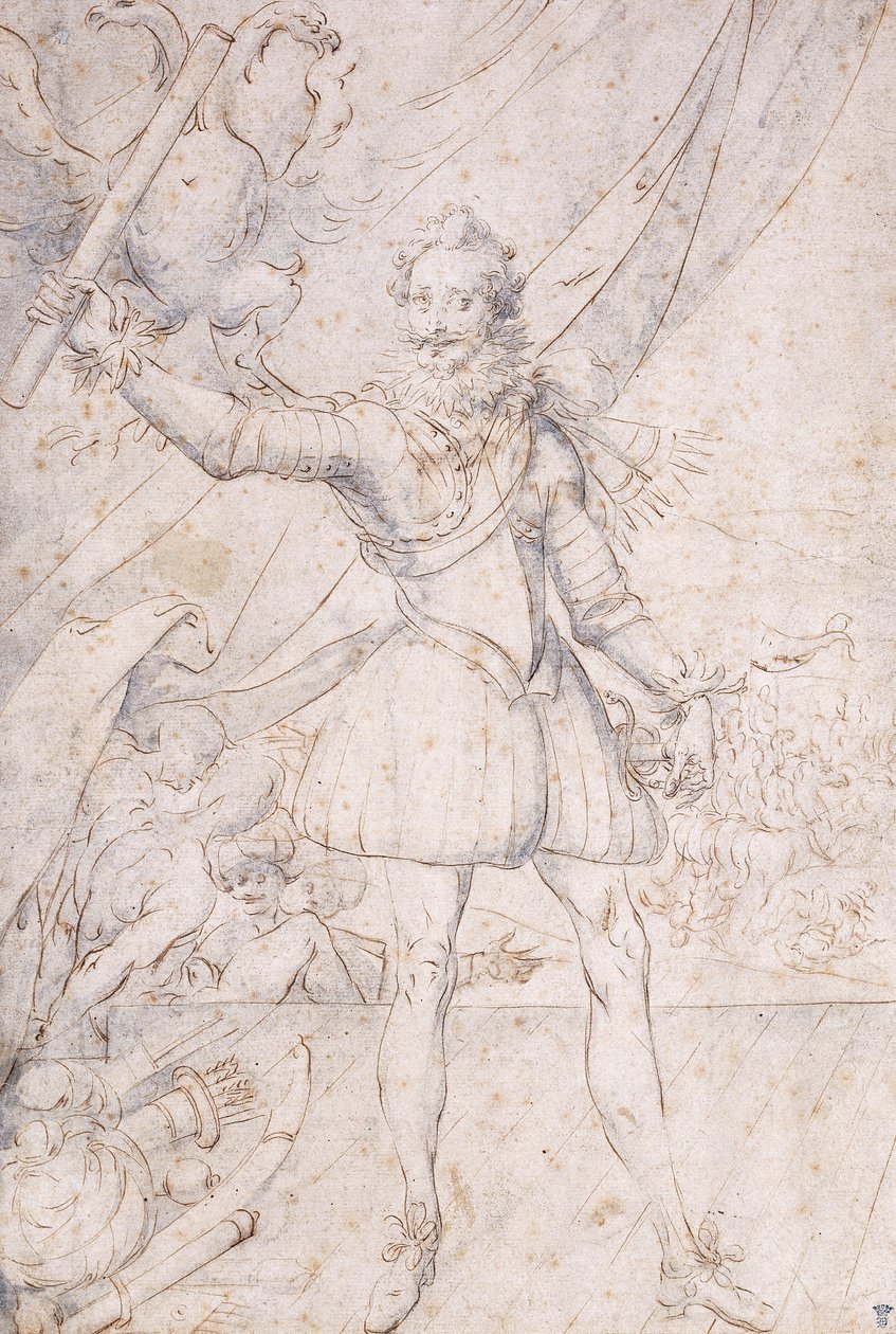 King Henry IV, Full-Length, a Trophy of the Ottoman Arms at his Feet, Raising a Scroll in Front of an Eagle by Second School of Fountainebleau