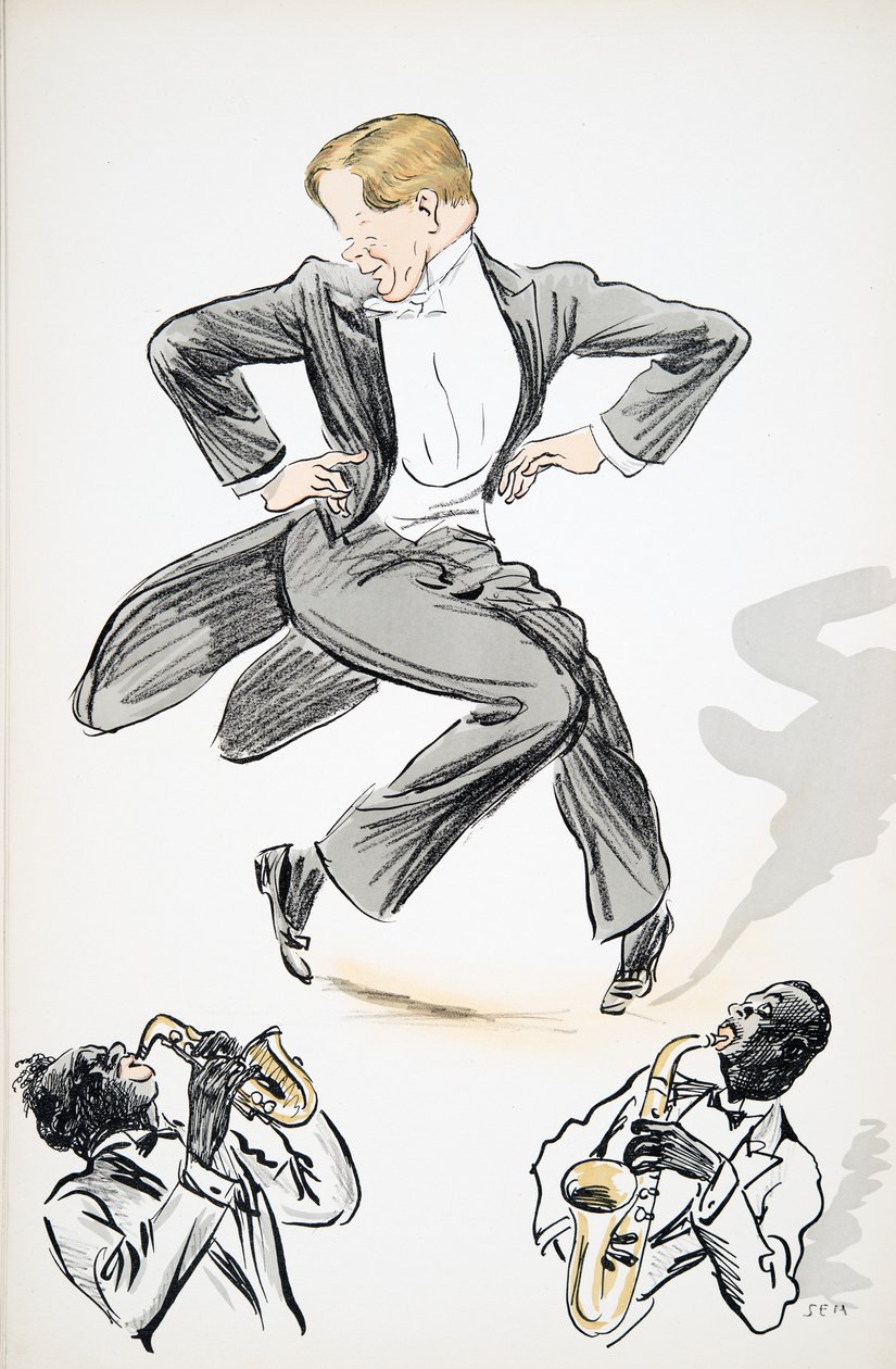 Gentleman in tails and white tie dances to two musicians playing saxophone, from White Bottoms, pub. 1927 by Sem