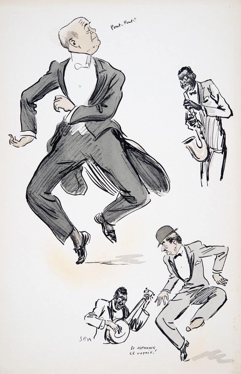 Gentleman in white tie and gentleman in bowler hat try out dancing to jazz, as performed by two musicians playing saxophone and banjo, from White Bottoms, pub. 1927 by Sem