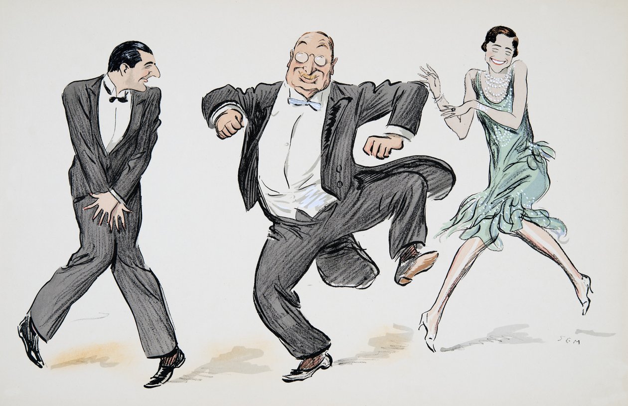 One gentleman in black tie, a further gentleman in white tie and tails, and a woman in a light green flapper dress and pearls dance the Charleston, from White Bottoms, pub. 1927 by Sem