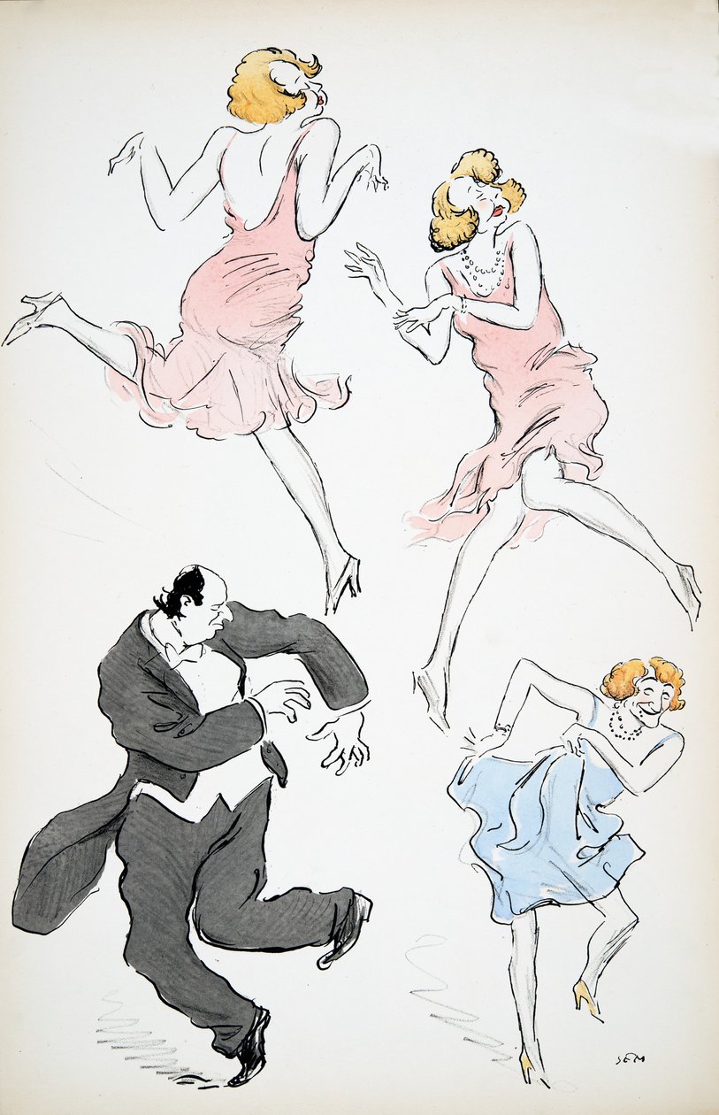 Three illustrations of transvestites in blue and pink dresses dancing with a larger gentleman in white tie and tails, from White Bottoms, pub. 1927 by Sem