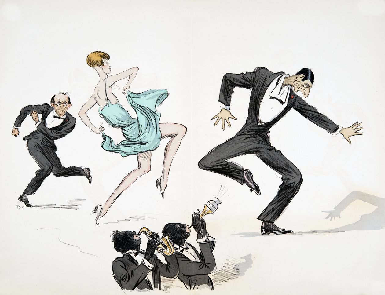 Two men in black tie and woman in bright blue dress dance to two musicians playing jazz on brass instruments, from White Bottoms, pub. 1927 by Sem