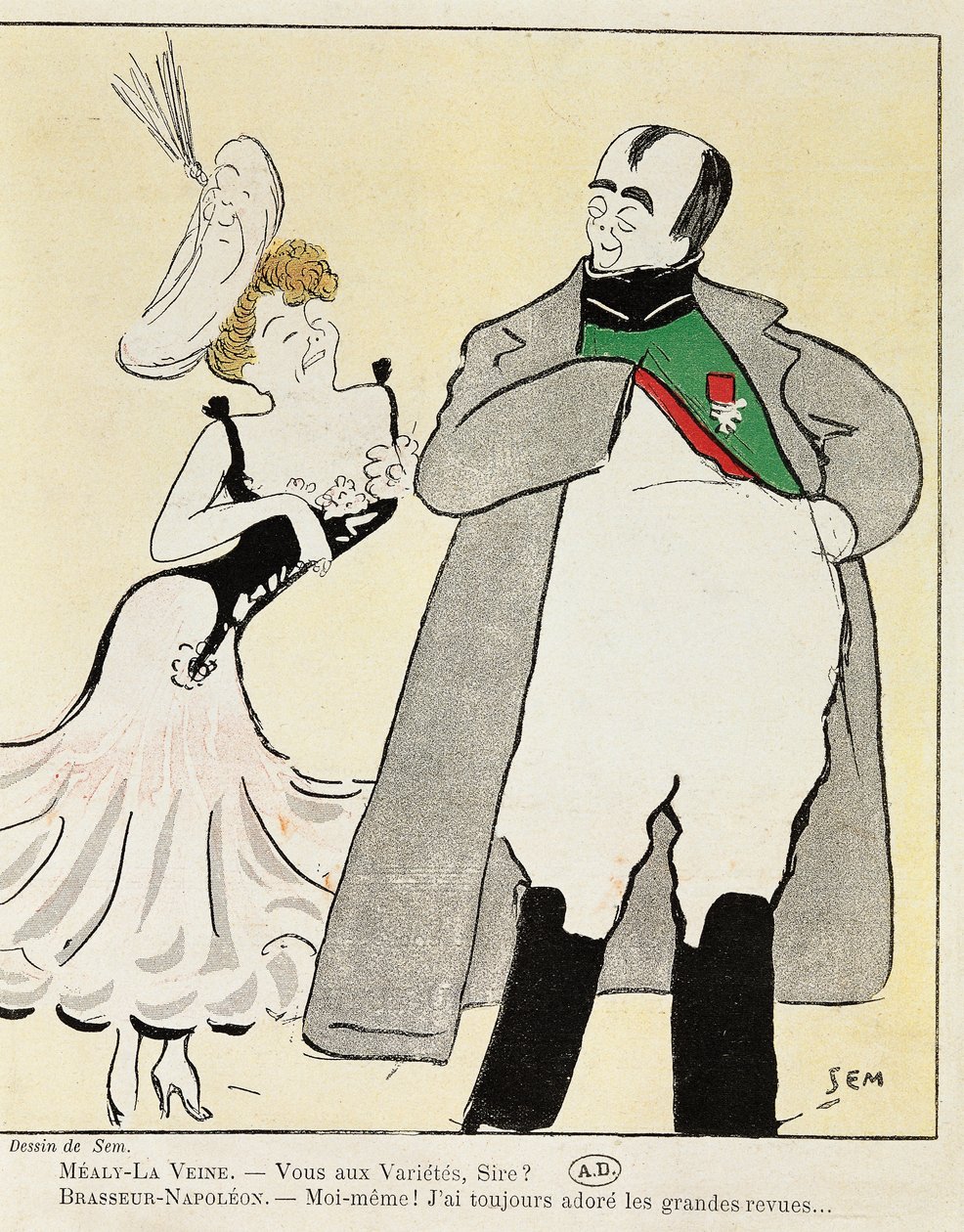 Actor Albert Bresseur in role of Napoleon in Madame Sans-Gene, caricature by Sem