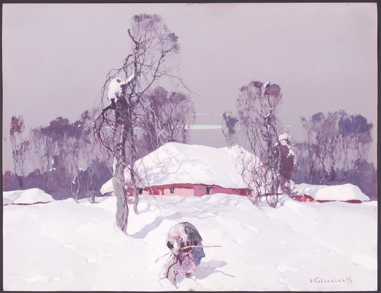 Old Lady Collecting Wood in the Snow by Sergei Kolesnikoff
