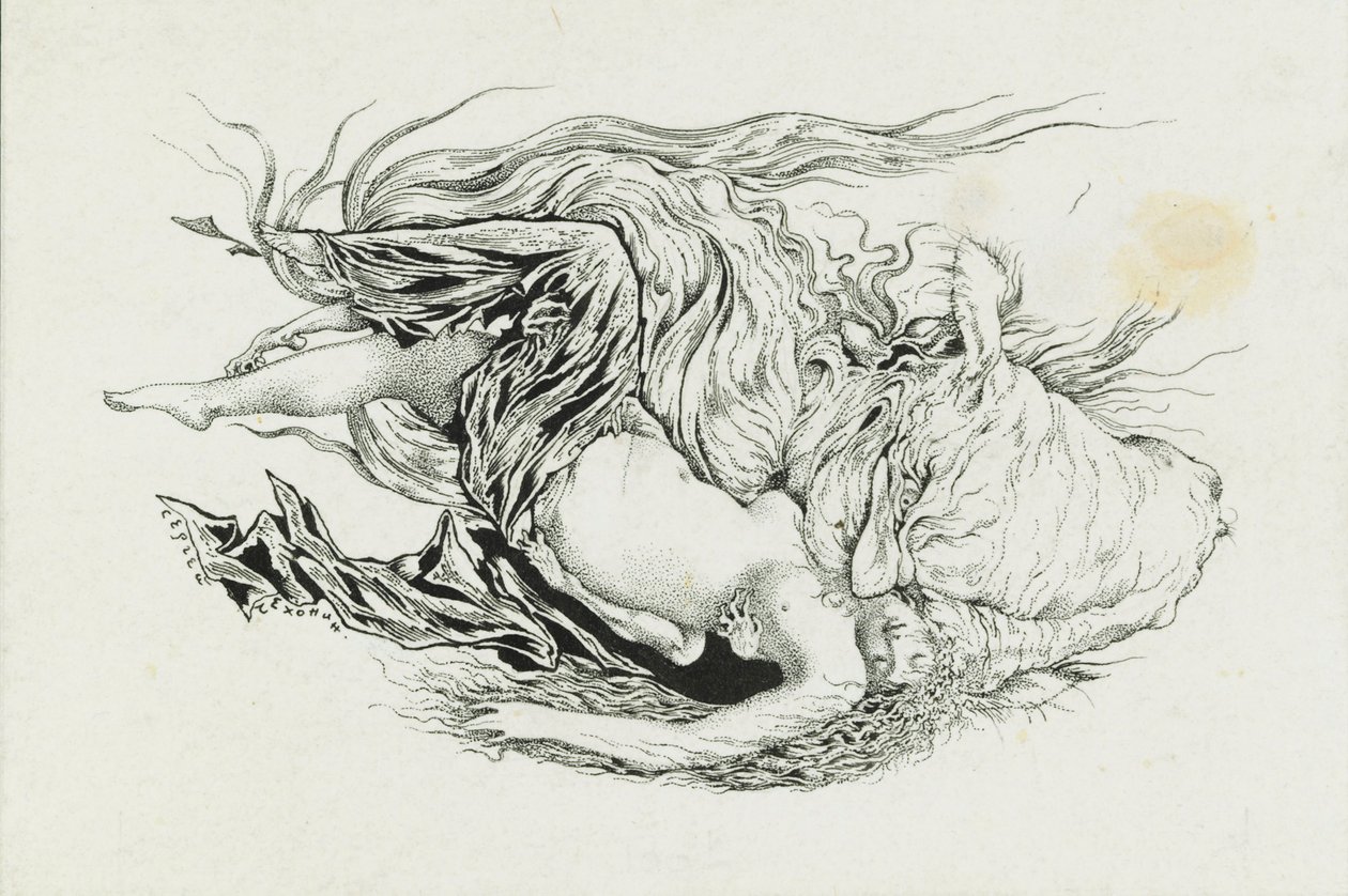 Chernomor and Lyudmila. Illustration to the poem Ruslan and Lyudmila by A. Pushkin by Sergei Vasilevich Chekhonin