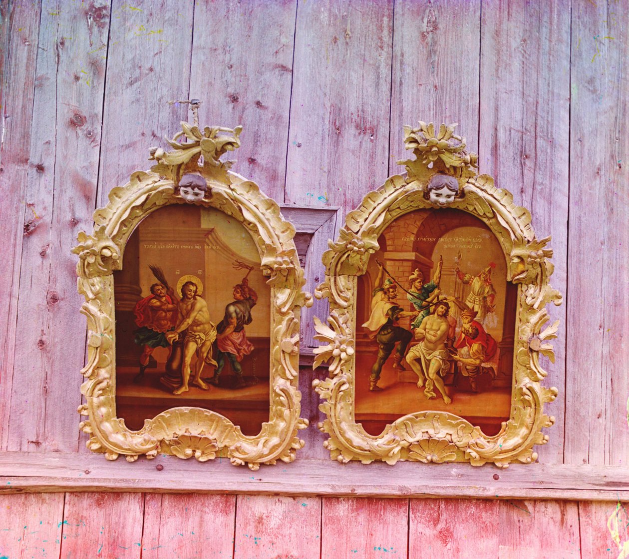 Two icons in the wooden Church of the Prophet Elijah at Belozersk, 1905-1915 by Sergey Prokudin Gorsky