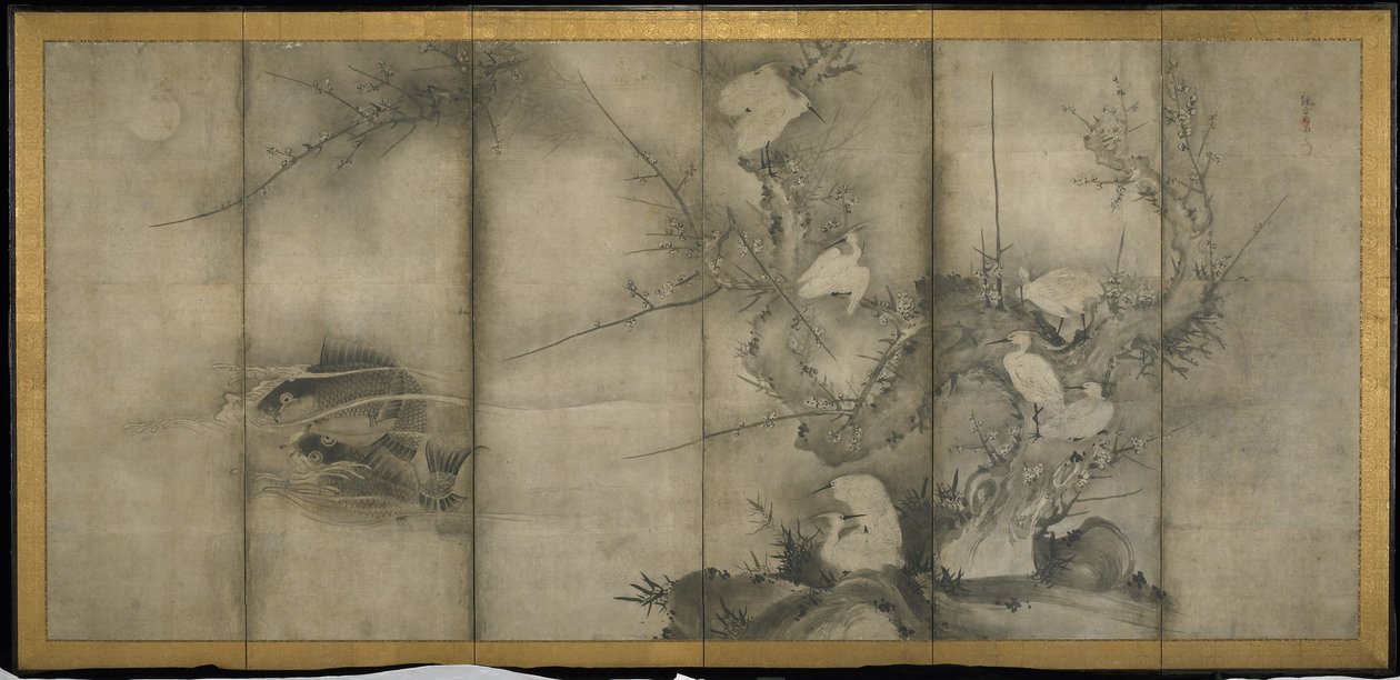 Willow, Egrets in Plum and Willow, Six-panel folding screen by Sesson Shkei